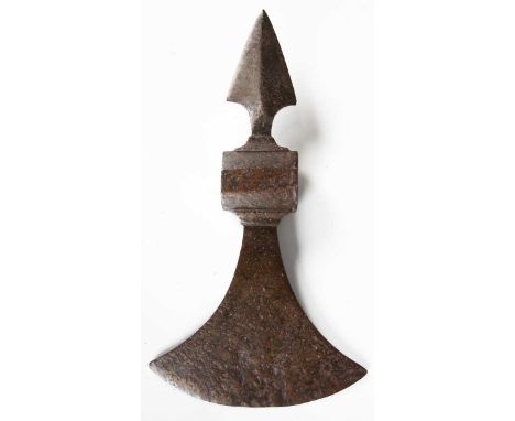 A medieval style wrought steel battle axe head with wide-section blade, shaped collar and opposing arrow shaped spike, total 