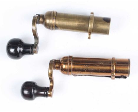 Two fine mid to late 19th century patent hand roll turnover tools by Thomas Johnson, 12-bore and 20-bore, each with brass bod