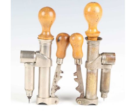 Two J.C. Cocker Patent combination cartridge reloading tools, patented in 1884, No. 5335, each with nickel finish, turned woo