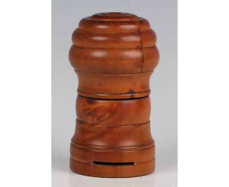 A scarce 19th century Continental turned fruitwood 16-bore cartridge reloading tool with midway screw thread joint, the base 