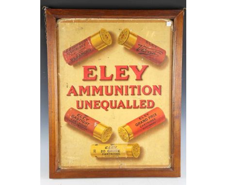 A rare late Victorian/early Edwardian advertising showcard, 'Eley Ammunition Unequalled', detailed with an arrangement of var