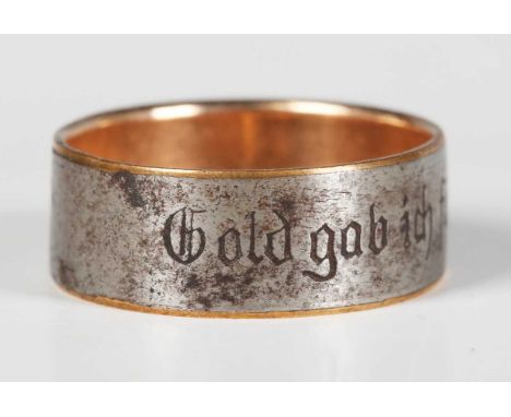 A rare First World War period German/Prussian gold and iron presentation ring, engraved to the steel outer band 'Gold gab ich