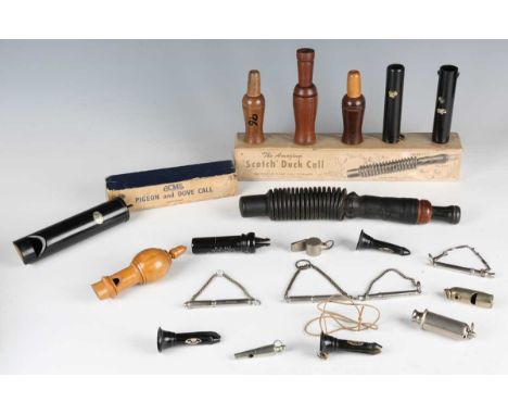 A collection of various early to mid-19th century hunting calls, including a 'Scotch' duck call by The Scotch Game Call Compa