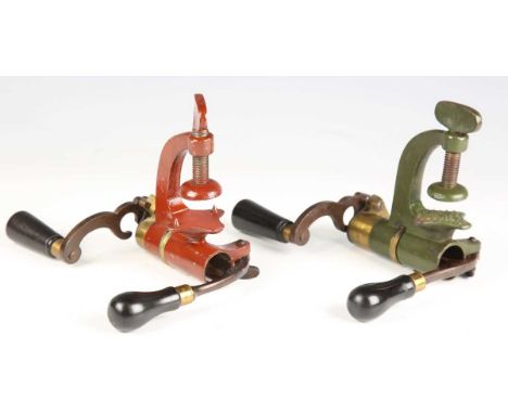 Two late 19th century roll turnover cartridge reloading tools by G. &amp; J.W. Hawksley, comprising a 10-bore example with gr