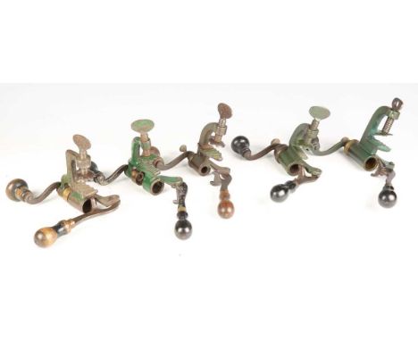 A group of five late 19th century roll turnover cartridge reloading tools by Lightwood &amp; Son, Birmingham, all with green 