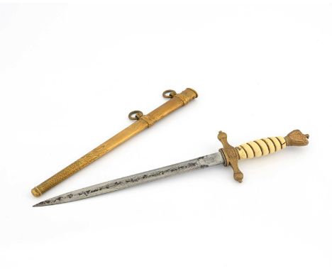A German Third Reich Naval Dirk, the steel blade by E &amp; F Horster, second model, etched and engraved, the brass sheath wi