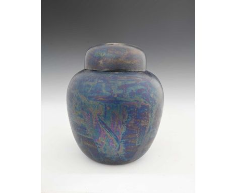 Ruskin Pottery, a Kingfisher blue lustre ginger jar and cover, 1915, shouldered ovoid form, iridescent matte glaze, impressed