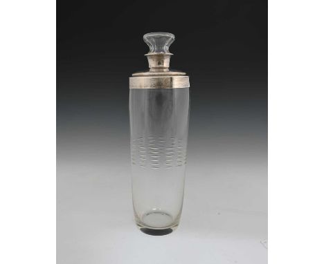An American silver mounted glass cocktail shaker, Reed and Barton, the cylindrical body with a band of concentric mitre cuts,