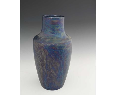 Ruskin Pottery, a large Kingfisher blue lustre vase, 1919, shouldered form, matte iridescent glaze, impressed marks, 36cm hig