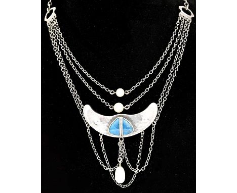 Levinger and Bissinger, a Jugendstil silver and pearl necklace, multi stranded form, the planished crescent form plaque with 