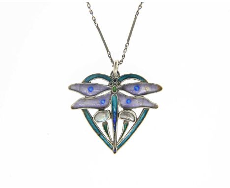 A silver polychrome enamel and pearl butterfly pendant, with green counter enamelled reverse, suspended from a silver chain