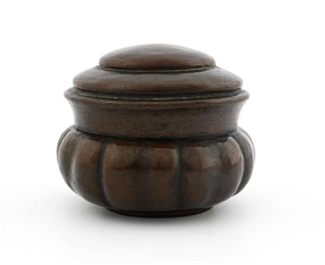 Richard Llewellyn Rathbone, an Arts and Crafts patinated copper tea caddy box and cover, 1897, petal lobed ovoid form with st
