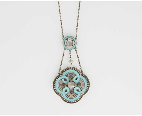 Marius Hammer, a Norwegian silver gilt and enamelled necklace, circa 1900, knotted quatrefoil guilloche ribbon in blue enamel