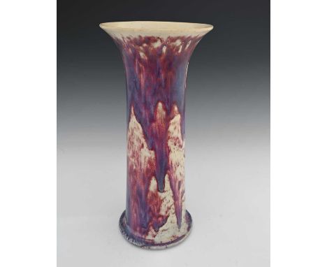 Ruskin Pottery, a large High Fired vase, 1924, lily or flared sleeve form, curtains of flamed purple sang de boeuf over dove 