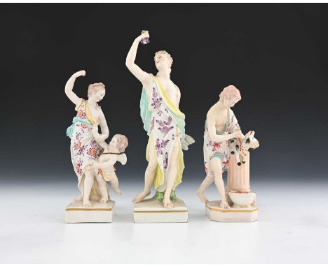 Three Derby figures, 18th century, including Dionysus, Venus and Cupid and a sacrifice of a goat, incised numbers and patch m