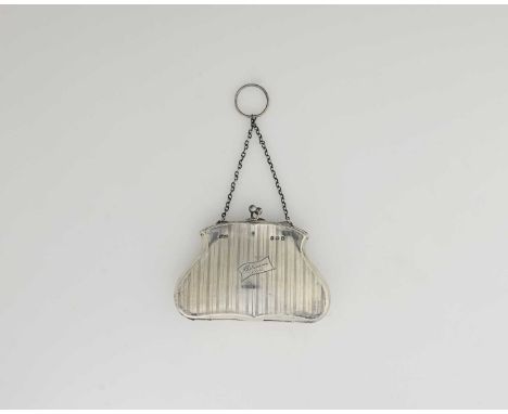 A silver purse, on chain, engine turned stripe design inscribed 'M Robinson 1918', 11.5cm wide