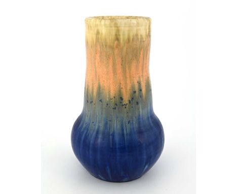 Ruskin Pottery, a Crystalline glazed vase, 1932, gourd form, banded oatmeal over orange over streaky blue, impressed marks, i