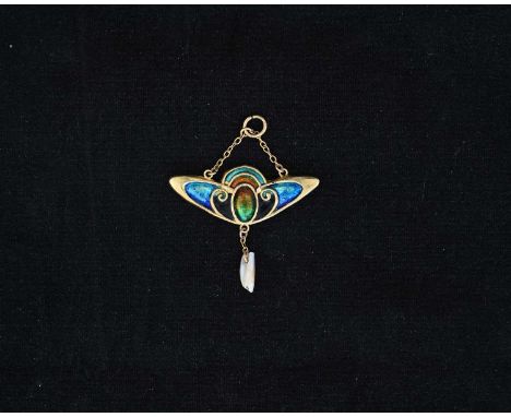 An Arts and Crafts 15 carat gold polychrome enamel and baroque pearl pendant, winged form with scrolling tendrils on blue, gr