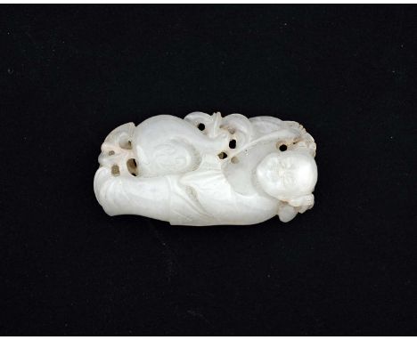 A Chinese carved jade pendant, modelled in relief and reticulated as a man with a goose, 5.5cm long