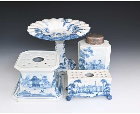 Deborah Sears for Isis Ceramics, a group of blue and white Delft painted wares, including silver mounted tea caddy, flower br