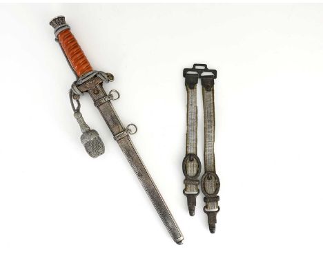 A WWII German Army officer's dagger with straps and silvered portepee, blade inscribed with the maker's mark 'A. E. S' (Arthu