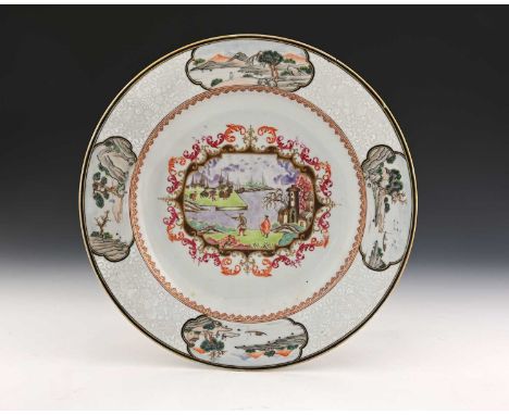 A European painted Chinese porcelain plate, 18th century, the central Meissen style Kauffahrtei scene of traders in a harbour