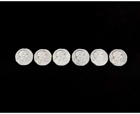 A set of six Jugendstil silver buttons, cast with maidens heads in profile, in the WMF style, stamped marks 935, 2.5cm diamet