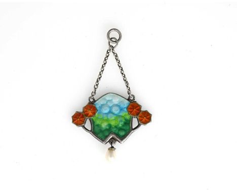 Charles Horner, an Arts and Crafts silver and enamelled pendant, circa 1910, open shield form with red enamel rosettes flanki