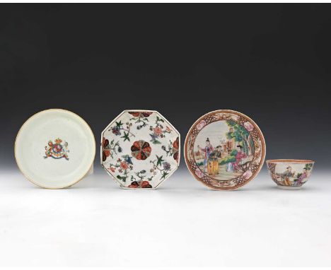 Oriental tea wares including Chinese famille rose tea bowl and saucer, painted in the European Meissen style with mandarin an