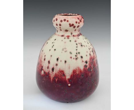 Ruskin Pottery, a High Fired vase, 1933, conical double gourd form, green speckled white over red sang de bouef flambe glaze,