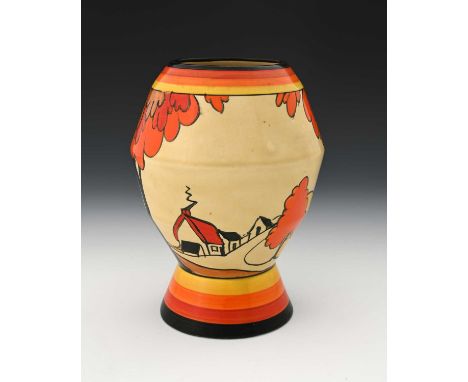 Clarice Cliff for Newport Pottery, a House and Bridge vase, model 365, angled ovoid form on conical foot, Fantasque Bizarre m