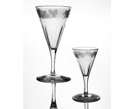 James Powell and Sons, Whitefriars, a set of five etched wine and drinking glasses, circa 1855, the conical bowl with slice c