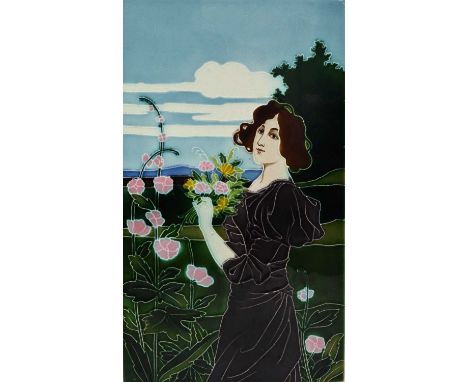 Carl Sigmund Luber for Johann von Schwartz, a Jugendstil tile plaque, circa 1900, dust pressed with a maiden picking flowers 