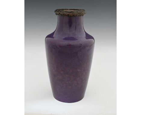 Ruskin Pottery and A E Jones, a copper mounted Souffle Glaze vase, 1914, shouldered form with applied laurel wreath mount to 