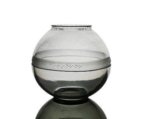 Edward Hald for Orrefors, an Art Deco smoked glass vase, 1930, spherical form, cut with a central deep acid etched band with 