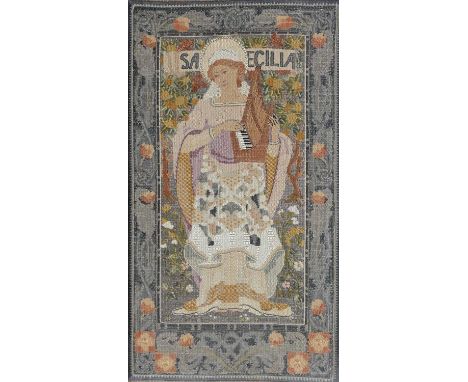 An Arts and Crafts embroidered tapestry type panel of St Cecilia, in the PreRaphaelite style, highlighted in gild thread, 51c