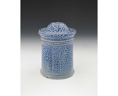 Steve Harrison, a studio pottery salt glazed stoneware tea caddy, 2000, cylindrical form with beaded and incised line banding