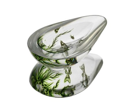 Edward Hald for Orrefors, a Graal glass dish, designed 1938, shallow half pear form, decorated with mutliple green fish in an
