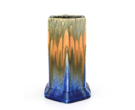 Ruskin Pottery, a Crystalline vase, 1930, hexagonal section plinth form, streaks of green over orange over blue, impressed ma