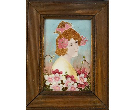 Carl Sigmund Luber for Johann von Schwartz, a Jugendstil tile plaque, circa 1900, dust pressed with a maiden amongst flowers,