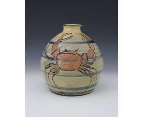 Philip Leach (British, 1947), a Springfield studio pottery globular vase, painted crabs against blue rings, signed, 25cm high