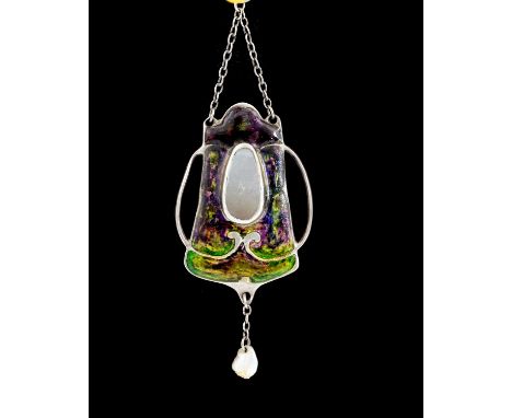 An Arts and Crafts silver mother-of-pearl and polychrome enamel pendant, shield form with open C scroll tendril brackets, cen