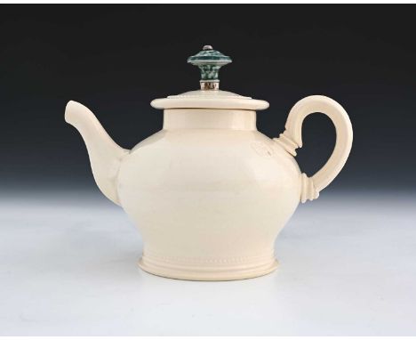 Steve Harrison, a studio pottery teapot, 2001, white glazed stoneware, inverse squat baluster form, the finial with plated mo