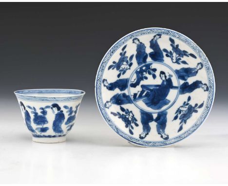 A Chinese blue and white tea bowl and saucer, mark for Hall of Rare Jade, Kangxi or earlier, painted with scholarly figures a