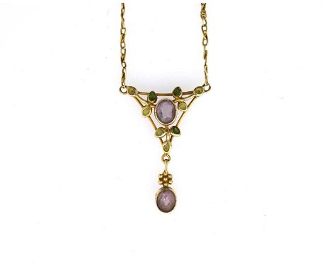 Jessie M King for Liberty and Co., an Arts and Crafts gold, enamel and gem set necklace, the triangular frame with central am