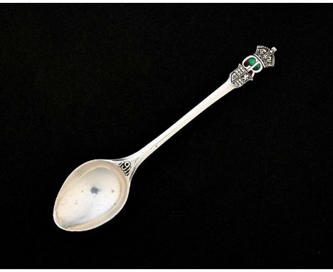 Liberty and Co., an Arts and Crafts silver and enamelled Coronation spoon, Birmingham 1910, the finial cast with the monogram