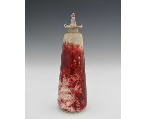 Ruskin Pottery, a High Fired scent bottle and stopper, 1927, conical form with screw top denticulated coronet lid, dove grey 