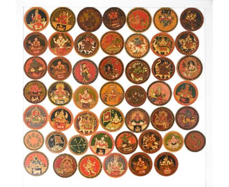 A series of fifty-one Indian Ganjifa playing cards, probably early 20th Century, each illuminated disc polychrome painted wit