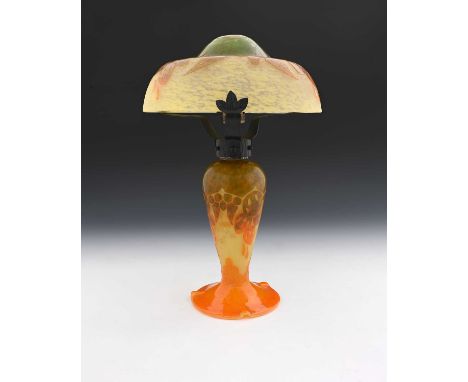 Charles Schneider, a Verre Franciase Coqueret glass lamp base and shade, pate de verre blue, yellow and orange inverse balust