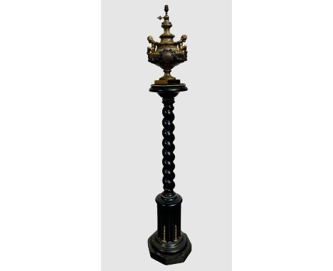 A large Sevres style lamp base, gilt and brown bronzed Solomonic column and urn form with cartouche of interlaced L mark, app
